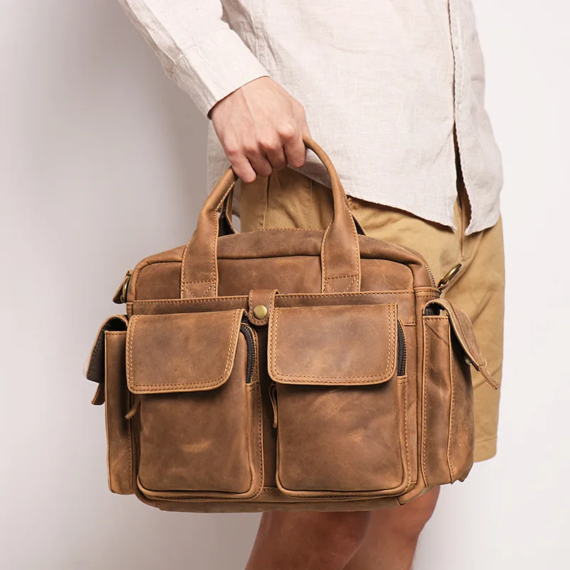 

Высококачественный винтажный деловой портфель A4 коричневого и черного цвета из натуральной кожи, мужская сумка, портфель, сумка-мессенджер через плечо M1636