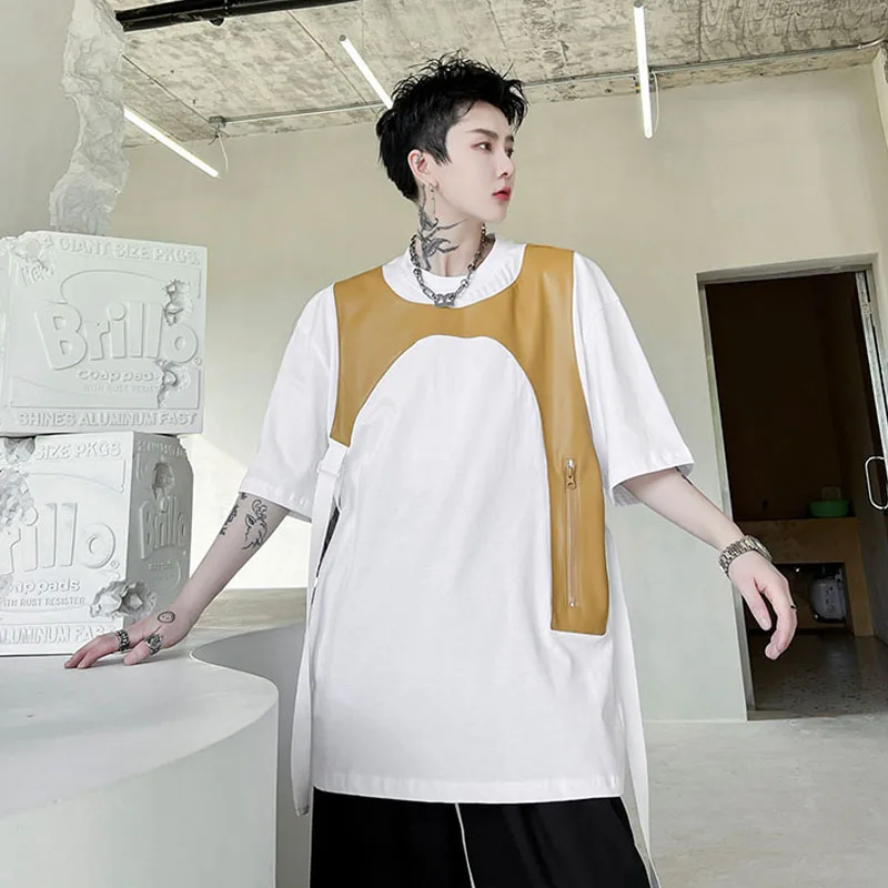 

2022 Summer Ribbon Splice Tshirt Mens Short Sleeve Loose Casual Streetwear Fashion T-Shirt Campus Male Tee Shirt