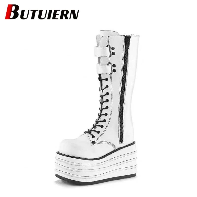 

Winter Fashion Boots Female Punk Platform High Heel Side Zipper Strap Tower Buckle Motorcycle Boots Tacones Mujer