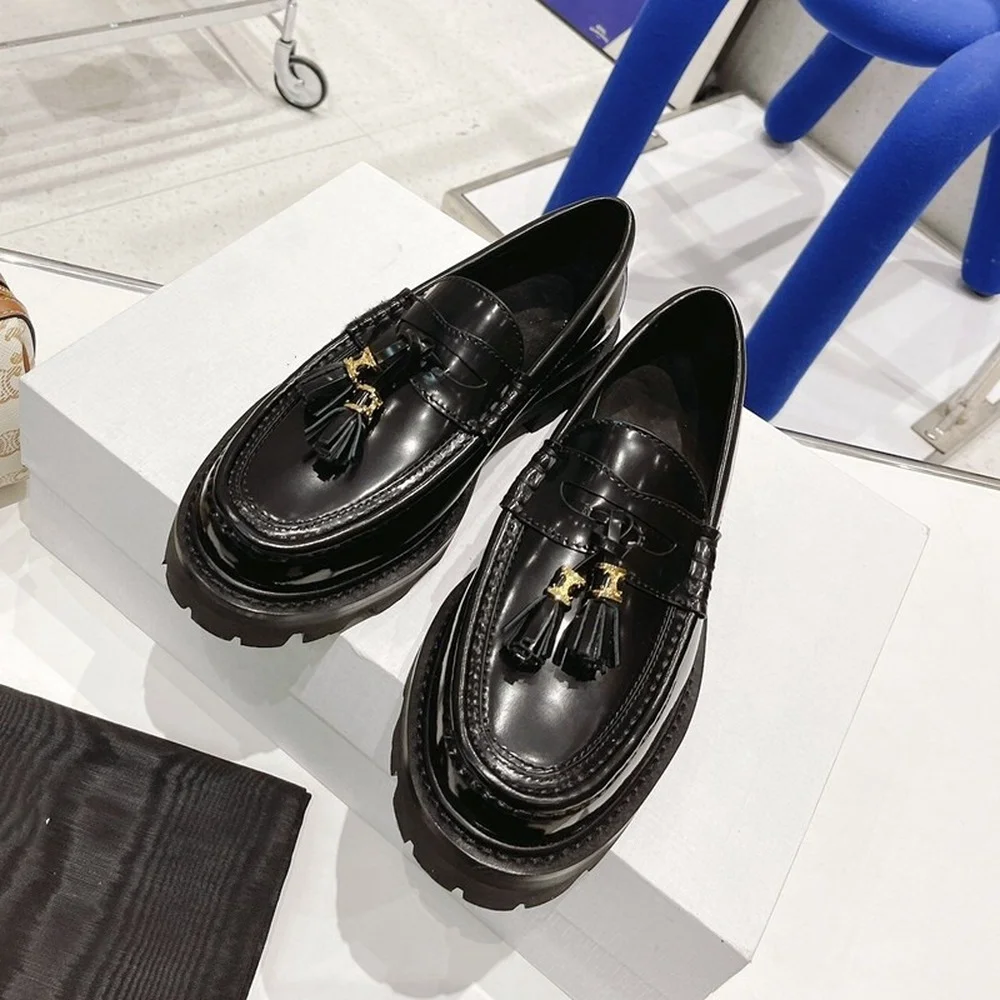 New leather European and American style thick soled leoford shoes women's tassel chain casual single shoes British small shoes