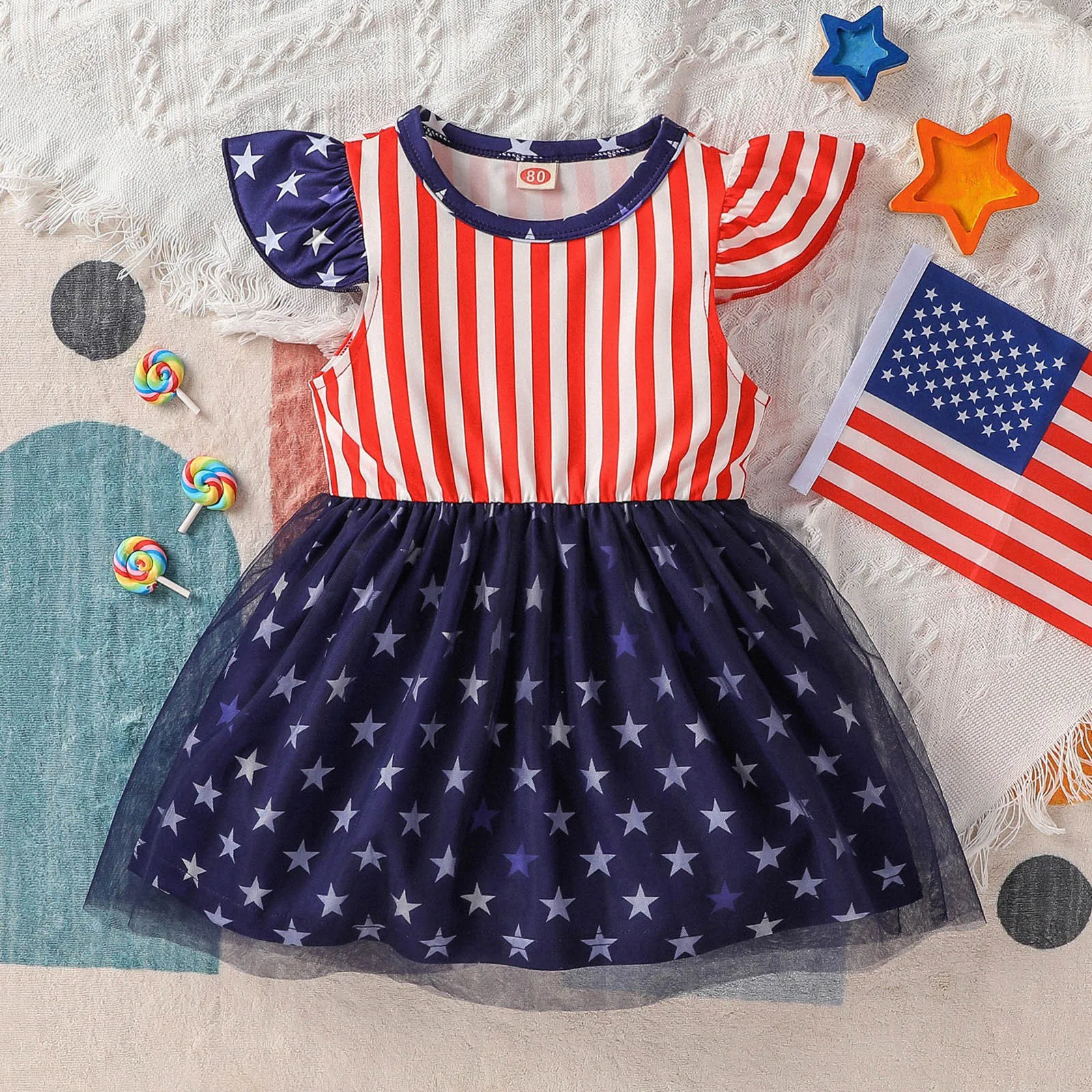

Toddler Girls Fly Sleeve Independence Day Stars Striped Printed Dress 4th Of July Kids Tulle White Dress Girl Long Sleeve