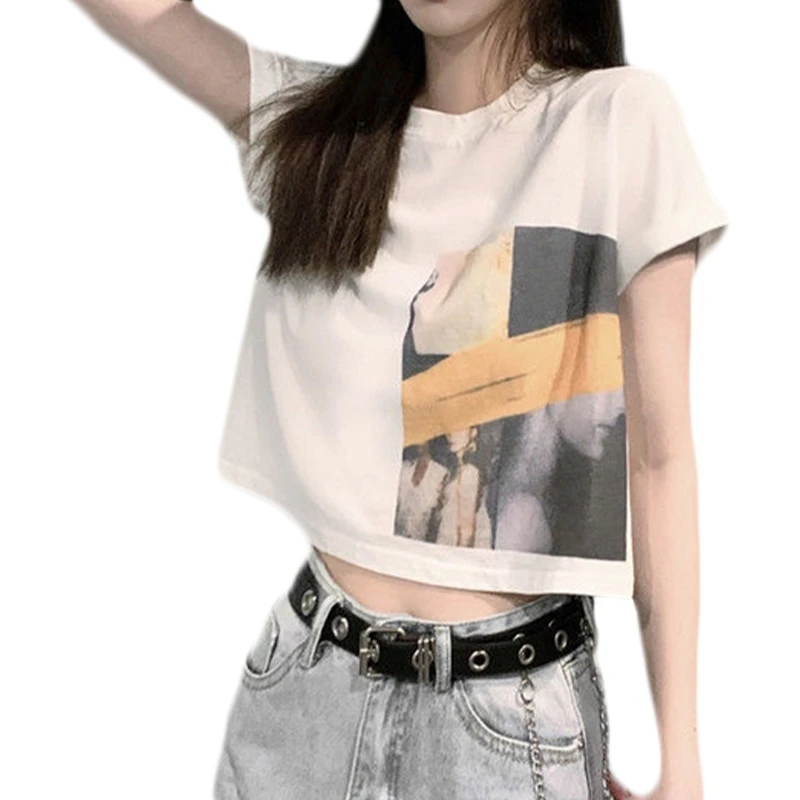 

Футболка женская с коротким рукавом, короткий топ в стиле Харадзюку, с абстрактным принтом лица и графическим принтом, повседневный Свободн...