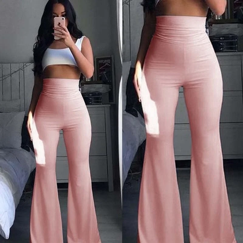 Summer 2021 Women Fashion Woman Pants Hippie High Waist Bell Bottoms Ladies Stretch Flare Trousers Office Lady Solid Pink Pants