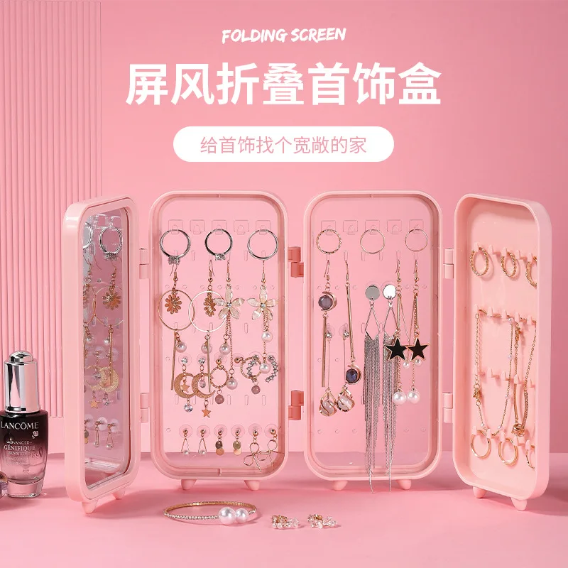 

Складная шкатулка для ювелирных изделий с уникальным экраном и зеркалом для макияжа, вместительный бокс для хранения серег, ожерелий, браслетов, колец, стойки