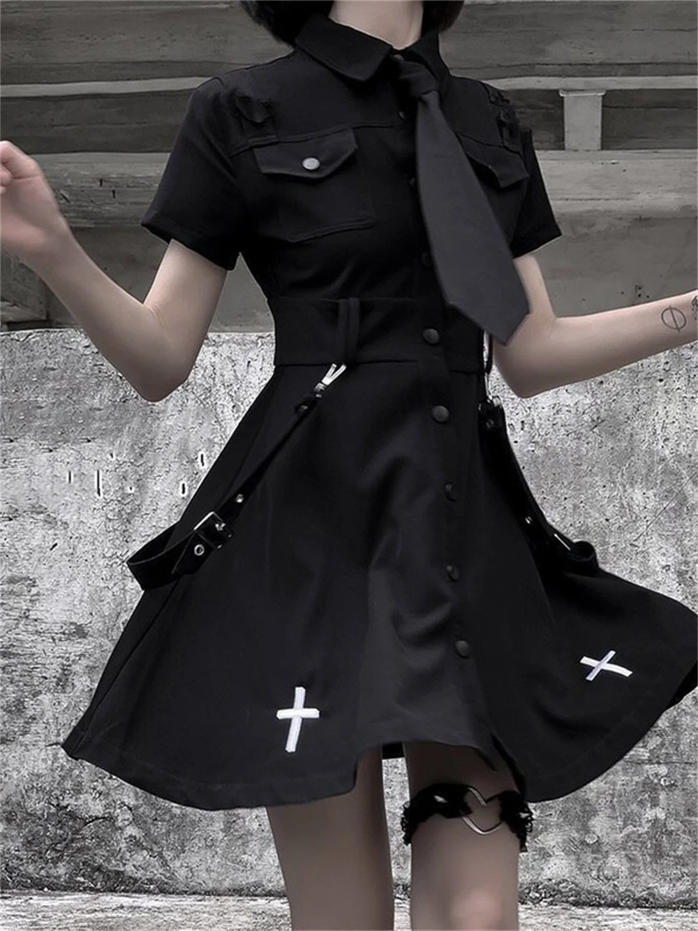 

Женское мини-платье с высокой талией Goth Black Techwear в японском стиле Лолита Y2k