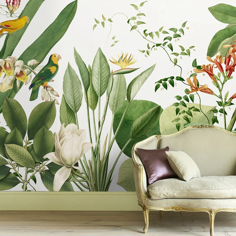 

Custom Wallpaper Mural Nordic Hand-Painted Tropical Plants Fresh Rainforest Flower Bird Indoor Background Wall 3D Wallpaper