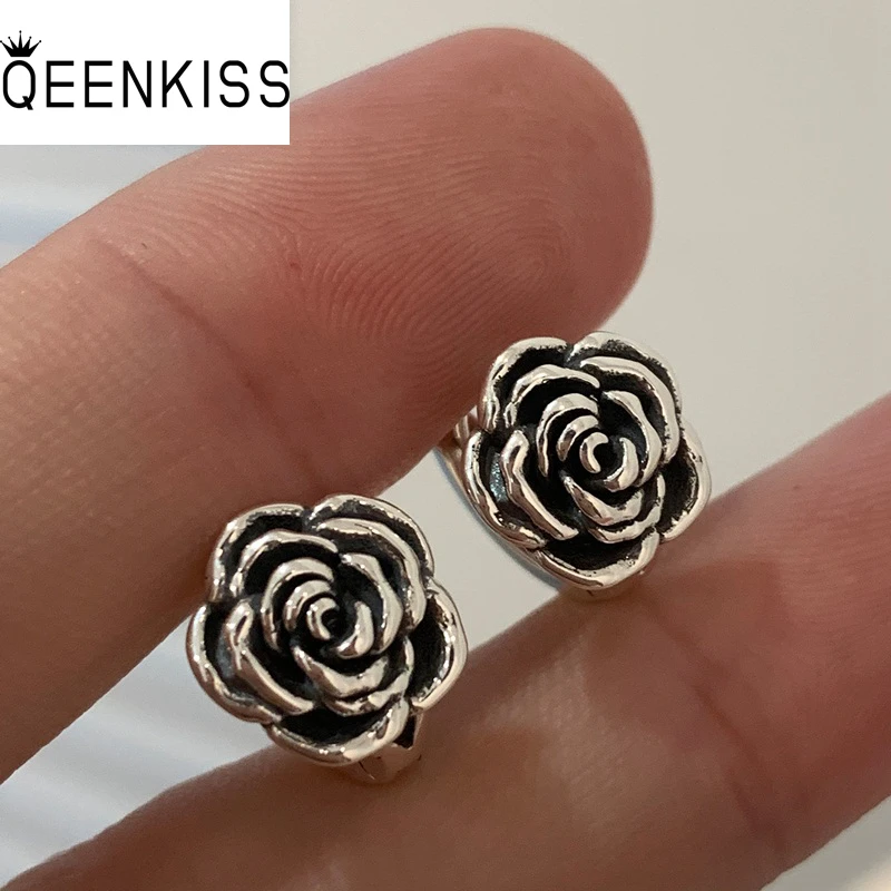 

QEENKISS EG6382 Fine Jewelry Wholesale Fashion Woman Girl Mother Party Wedding Birthday Gift Retro Rose Tai Silver Hoop Earrings