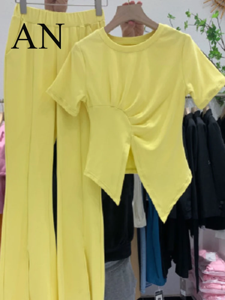 Новый Повседневный брючный костюм с разрезом новая облегающая короткая футболка