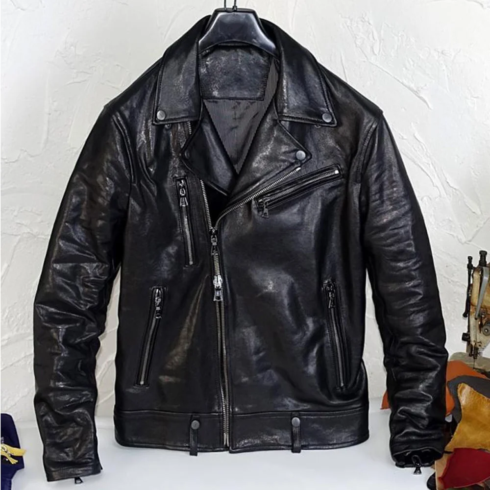 

Мужская мотоциклетная куртка-бомбер из натуральной овечьей кожи