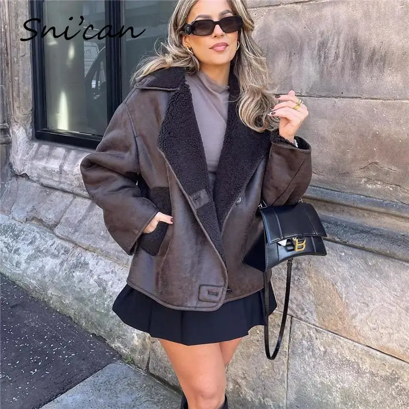 

Brown Pu Faux Leather Jacket Coat Thick Warm Winter Oversize Casual Ladies Outwear Fashiono Female Tops Loose Blazer Mujer New