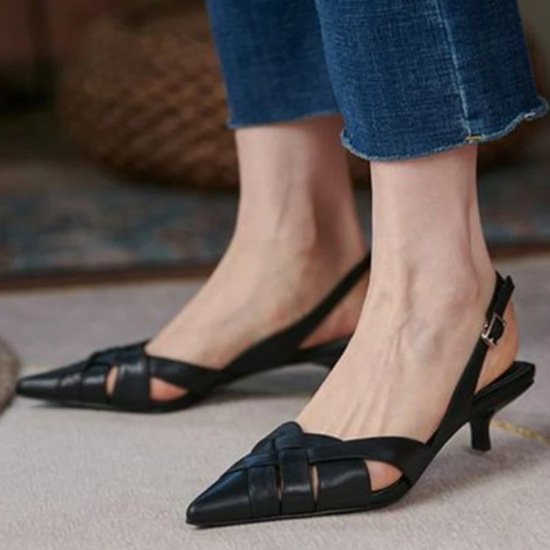 

Woven Women's Sandals Pointed Low Heel Leisure Fashion Female Pumps 2022 Summer Elegant Solid Color Comfort Daily Ladies Shoes