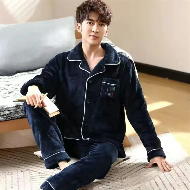 Flannel 2 Piece /Set Pajamas Sets For Men Winter Thick Warm Long Sleeve Home Clothes Sleepwear Suit Turn-Down Collar Pyjamas