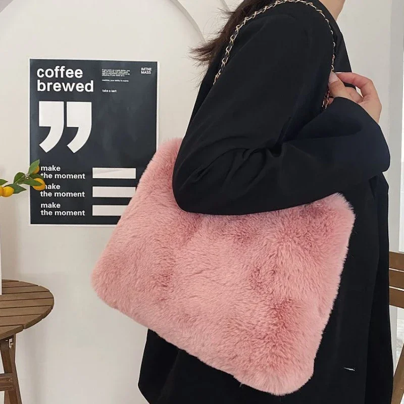 

Осенне-зимняя женская вместительная сумка, универсальная сумка через плечо с цепочкой, сумка-тоут, плюшевая сумка