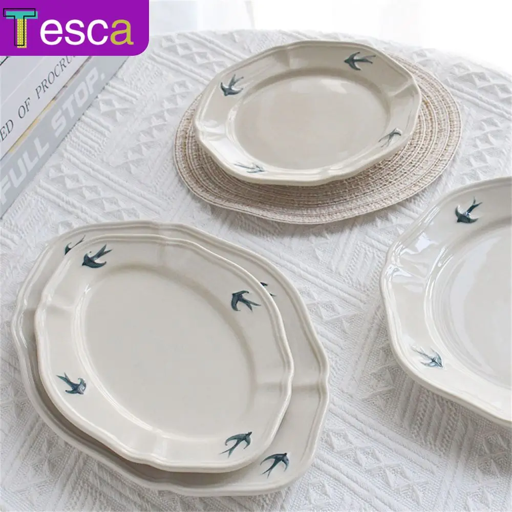 

Japanese Style Swallow Plate Dessert Plate Retro Ceramic Disc Egetable Plate Hand-painted Relief Plate Tableware Household Steak