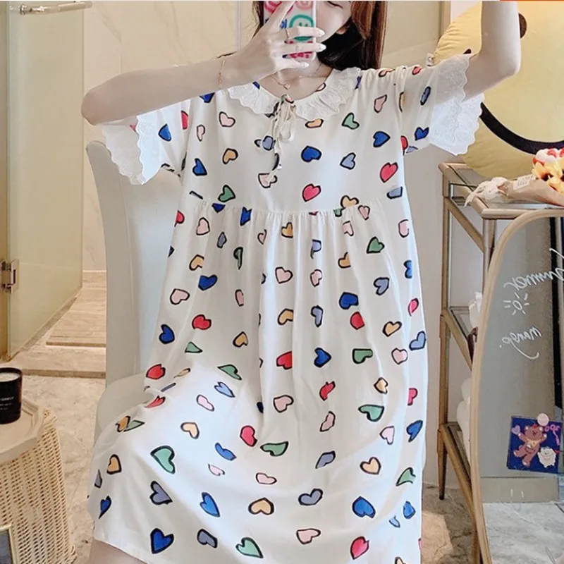 Ladies Pajamas Lace Nightgown Cotton Silk Summer Style Sleep Dresses Women Student Sweet Nightdress