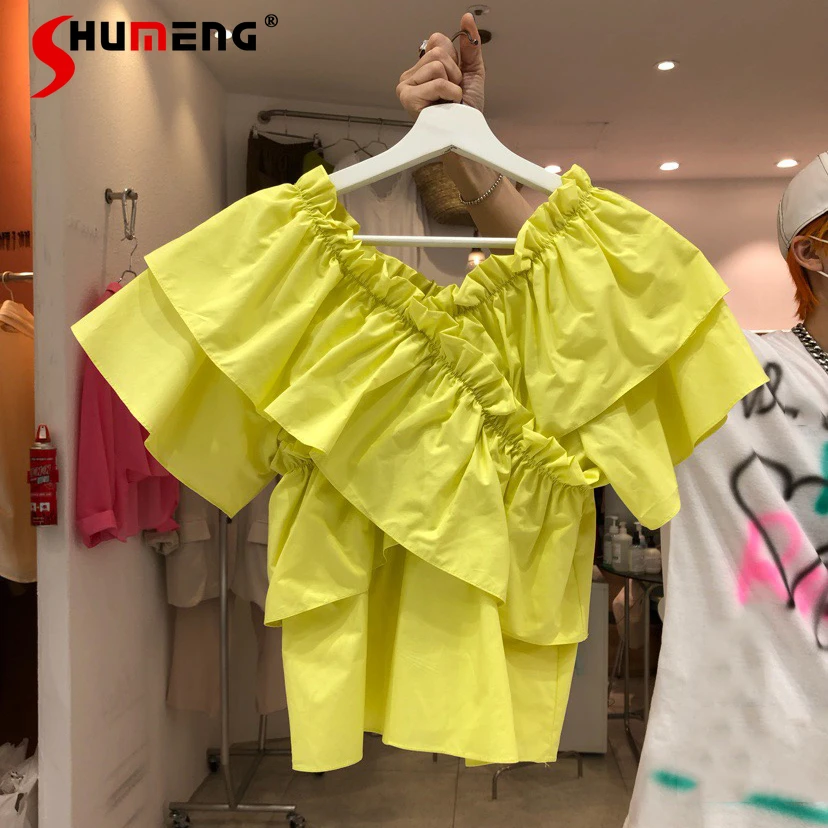 

Новинка весна-лето 2022, Модные свободные однотонные топы, приталенная блузка, подходящая ко всему рубашка с коротким рукавом и складками в ви...