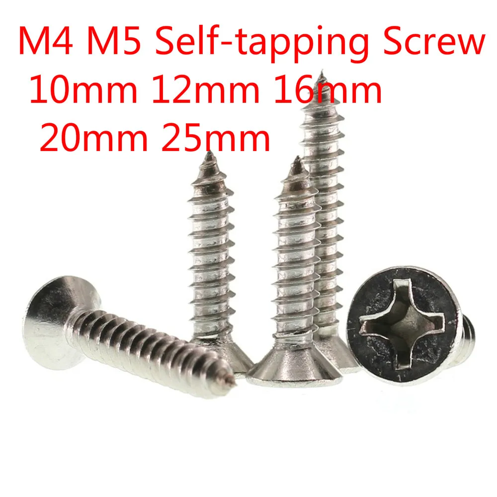 100/50pcs Wood Screws Self-Tapping M4 M5 Phillips Cross Bolt Countersunk Flat Head 304 Stainless Steel 10-25mm 12mm 16mm 20mm