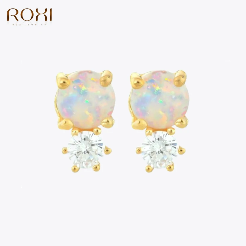 

ROXI Natural Round Opal Stud Earrings for Women pendientes plata 925 Silver Korean Crystal Earrings Wedding Party Fine Jewelry
