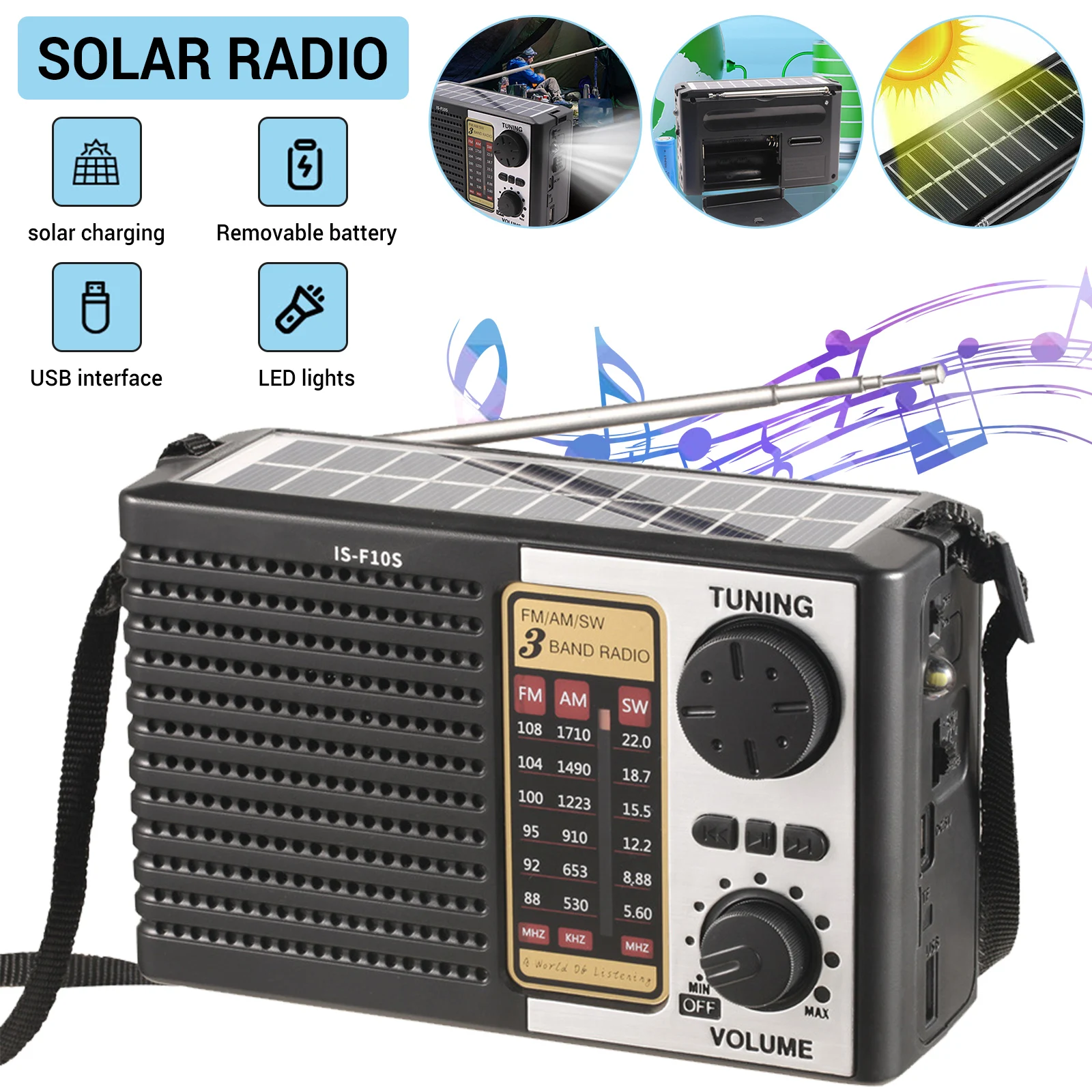 

Аварийное радио с солнечной зарядкой, многодиапазонное высокочувствительное радио, Беспроводная Bluetooth-колонка с поддержкой FM / AM / SW радио