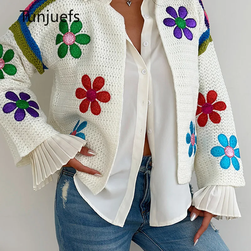 

2023 new sweater cardigan women knitted tops casual knitwears jersey long sleeve blouse floral embroideried casual korea fashion