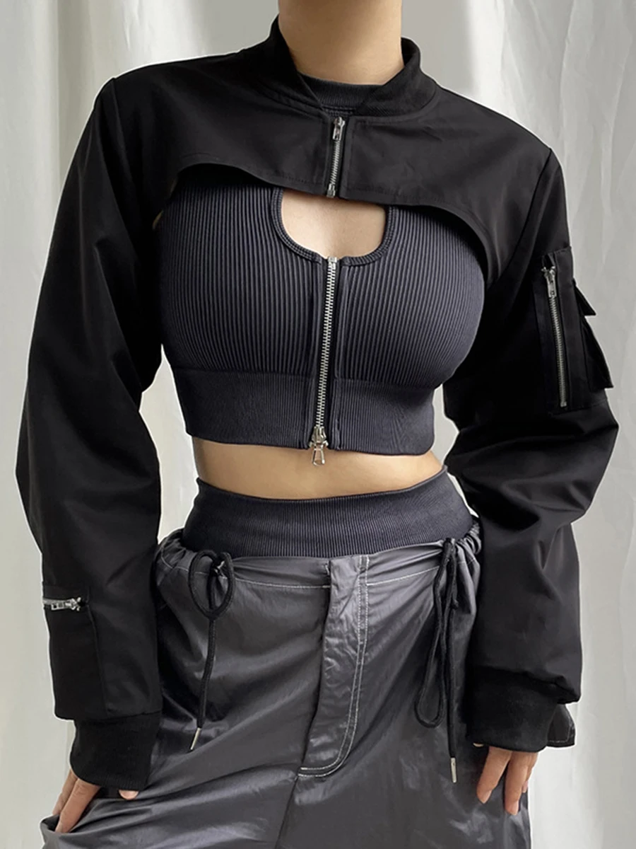 Top superior – cor sólida e gola de manga longa com zíper – jaqueta curta bolsos – tops streetwear