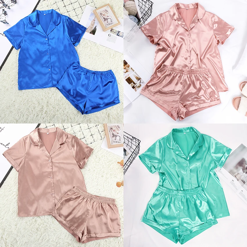 

Solid Color Satin Pajamas With Shorts Sleepwear Suit Silk Pyjama For Women Short Sleeve Casual Pajama Sets Women Homewear Spring