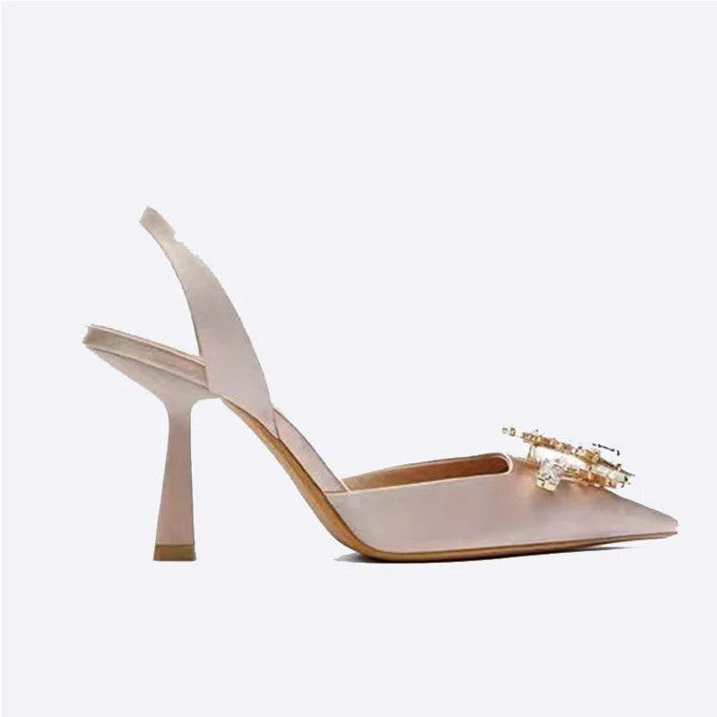 Сандалии женские с острым носком туфли-лодочки телесного цвета бриллиантами