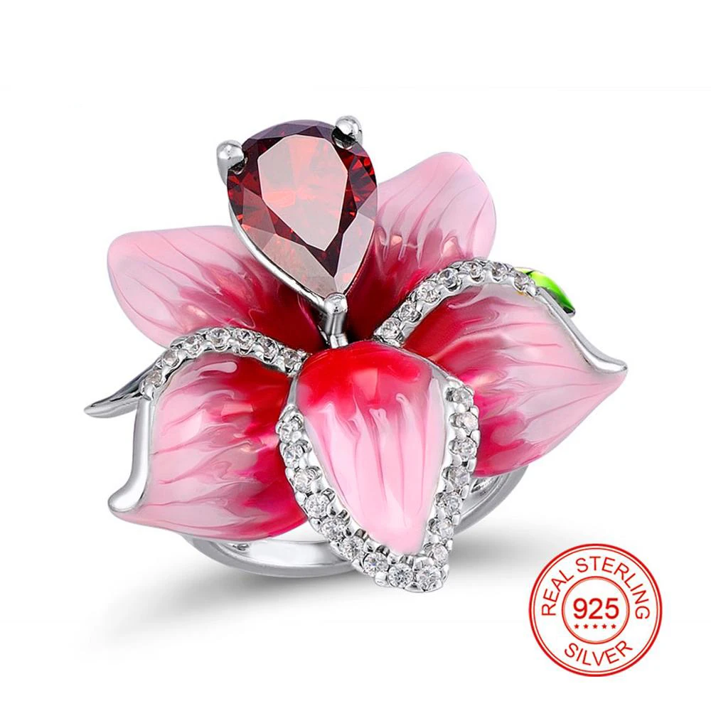 

Buyee 925 Sterling Silver Luxury Wedding Big Ring Excellent Pink Enamel Flower Ring for Woman Fashion Jewelry Circle