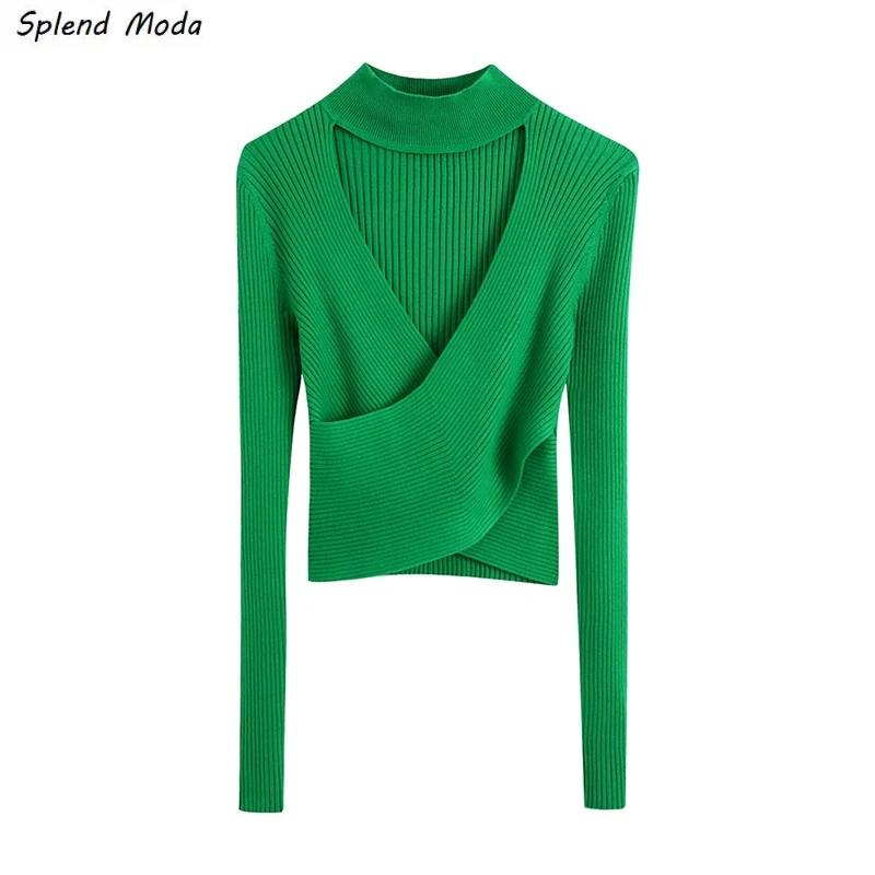 

Модный винтажный свитер Splend, вязаный облегающий однотонный пуловер с О-образным вырезом, перекрещивающийся на осень и зиму