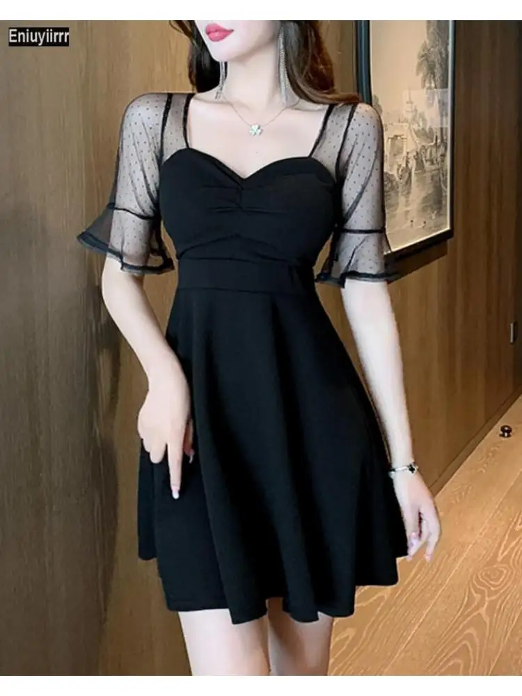 

2022 женская летняя базовая одежда для вечерние новый год свидание элегантное лоскутное черное сексуальное прозрачное Сетчатое черное круже...