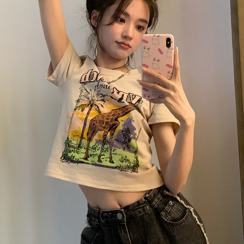 

Футболка женская с мультяшным принтом, облегающий топ в винтажном стиле 90-х, уличная одежда с круглым вырезом, Y2K, на лето