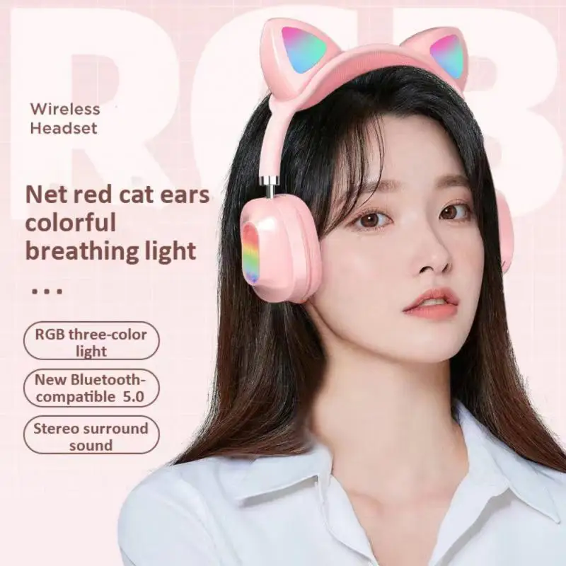 

Беспроводные наушники с кошачьими ушками, Bluetooth-наушники со светодиодный светильник кой, Накладные наушники с микрофоном для онлайн-дальне...