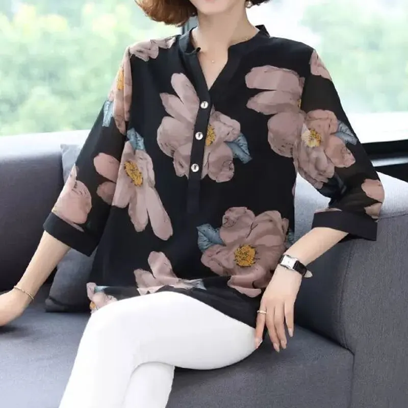 

Korean Fashion Spring Summer Thin Printing 2023 Women's Clothing Simplicity Floral Buttons O-neck Short Sleeve Blouses Pullovers