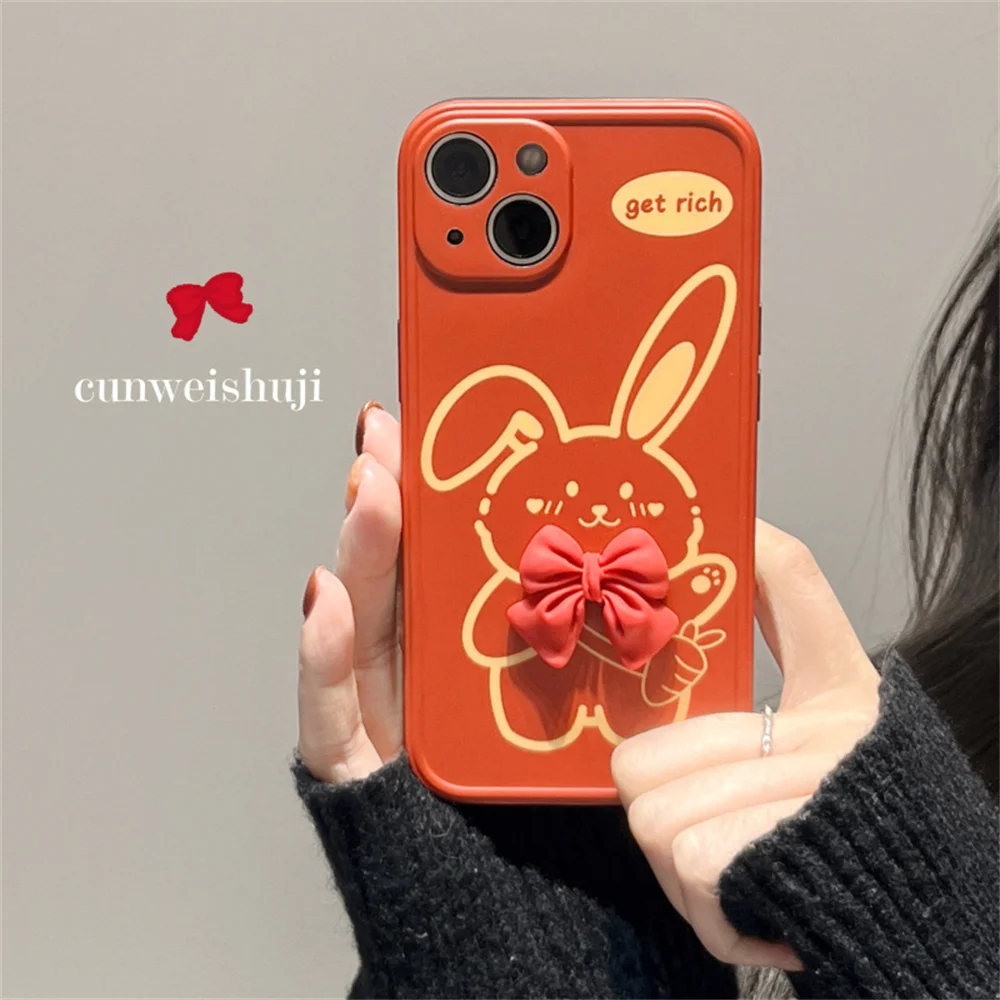 

Wine Red 3D Bowknot Rabbit Phone Case for 14promax Apple 12 Soft Shell iPhone 13 Silicone Protective Case