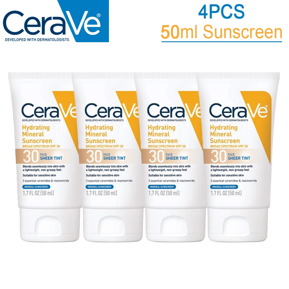 

4PCS CeraVe Hydrating Mineral SPF30+ Sunscreen Refreshing Oil-Control Moisturizing Isolation Anti UV Facial Sun Protection 50ml