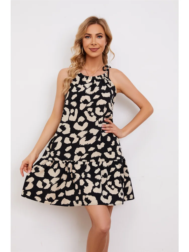 

Women Summer Print Short Mini Dress Elegant Casual Fashion Office Lady Pullover Basics O Neck Ruffle Edge Slip Dress New 2023