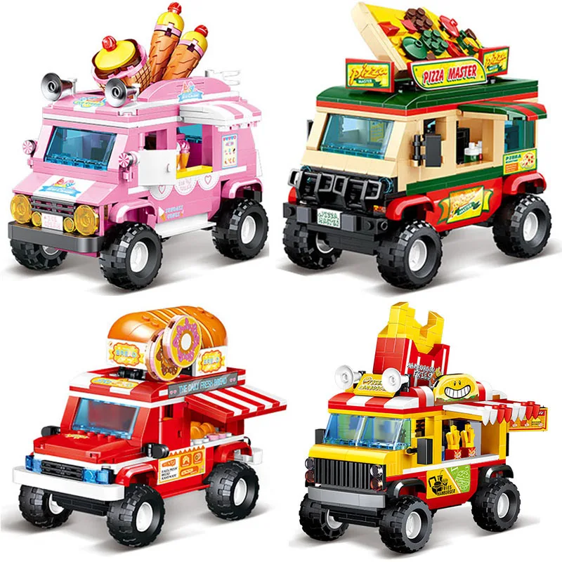 

Creative Fries Hamburger Car Ice Cream Food Truck Pizza Master Model Building Blocks Mini Street View MOC Bricks Toys Kids Gift