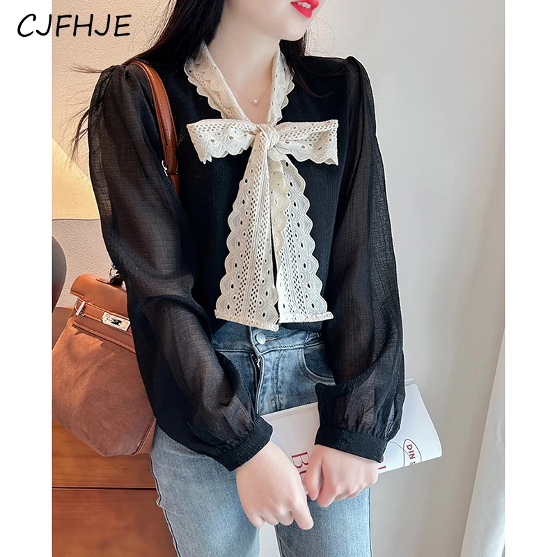 CJFHJE Весенняя кружевная Черная Женская рубашка с длинным рукавом бантом