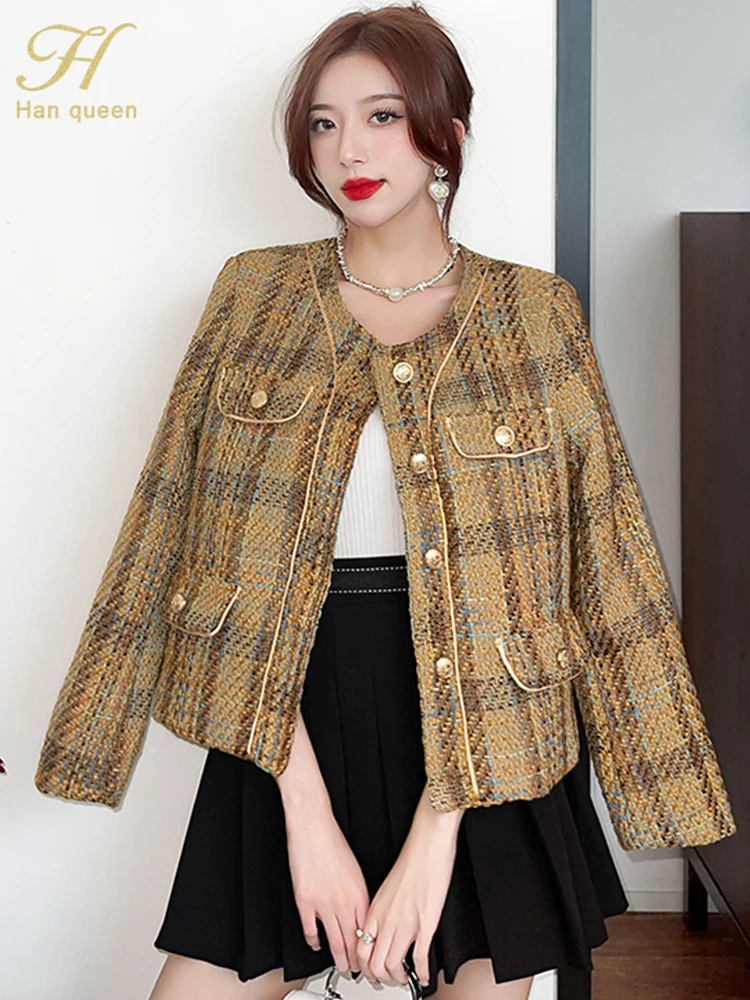 

Женская твидовая куртка H Han Queen, винтажная куртка с цветными блокировками, модная простая повседневная куртка в Корейском стиле, Осень-зима 2023