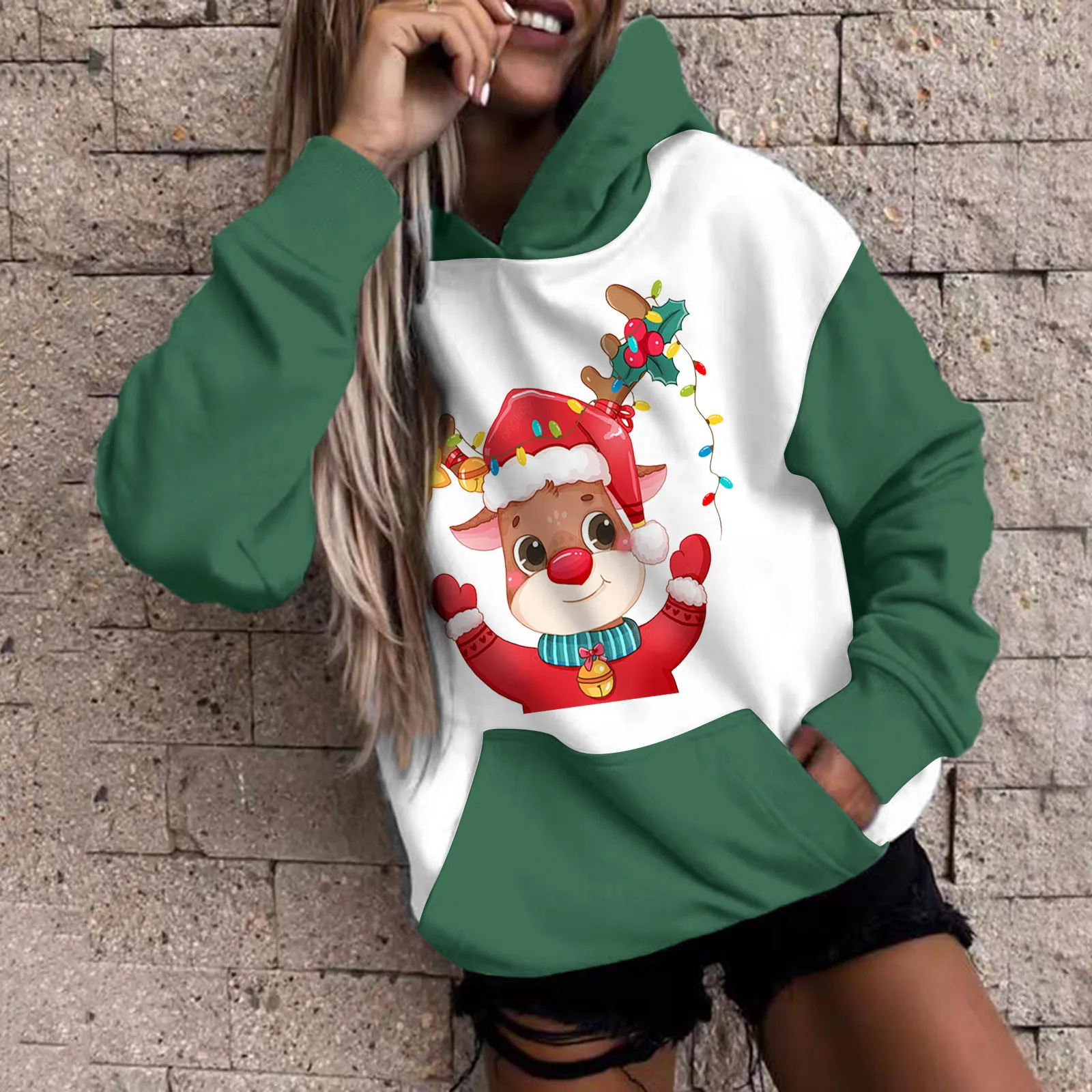 

Cartoon Kawaii Elk Print Hoodies Women Sweatshirts Casual Christmas Autumn Winter Loose Pullover Oversized Hooded Sweatshirt