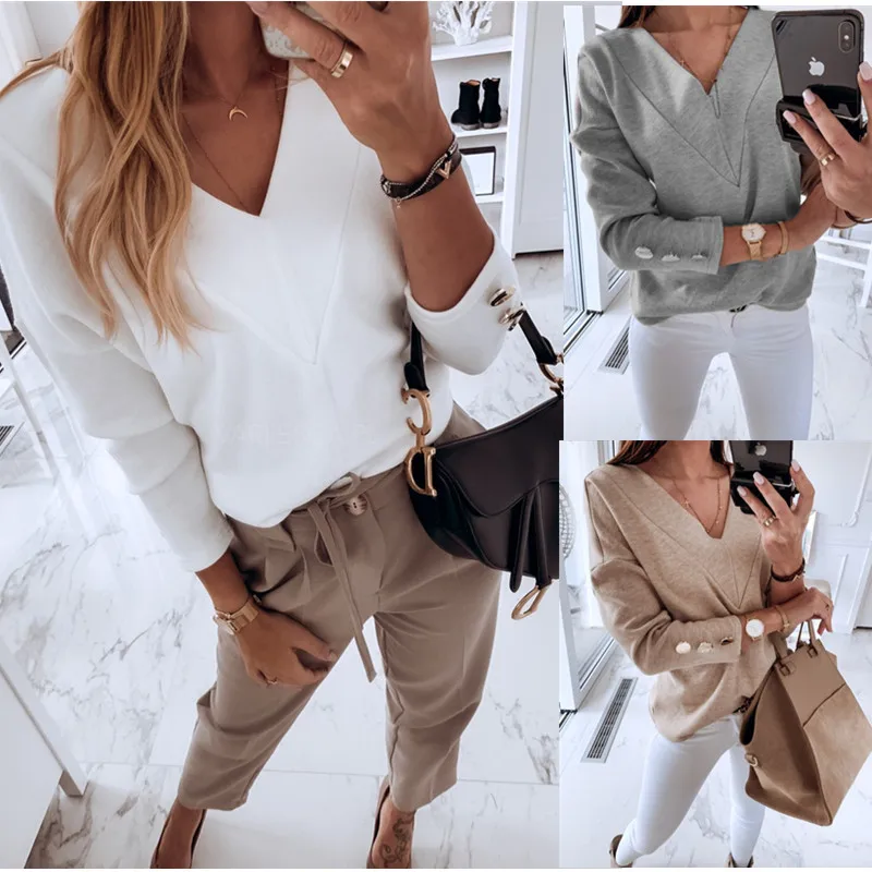 

Autumn and Winter Long Sleeve Solid V-Neck Button Top Undercoat Women's Wear