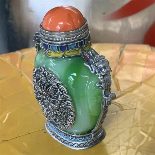 Зеленый нефрит тибетская медная бутылка для табака дракона китайская