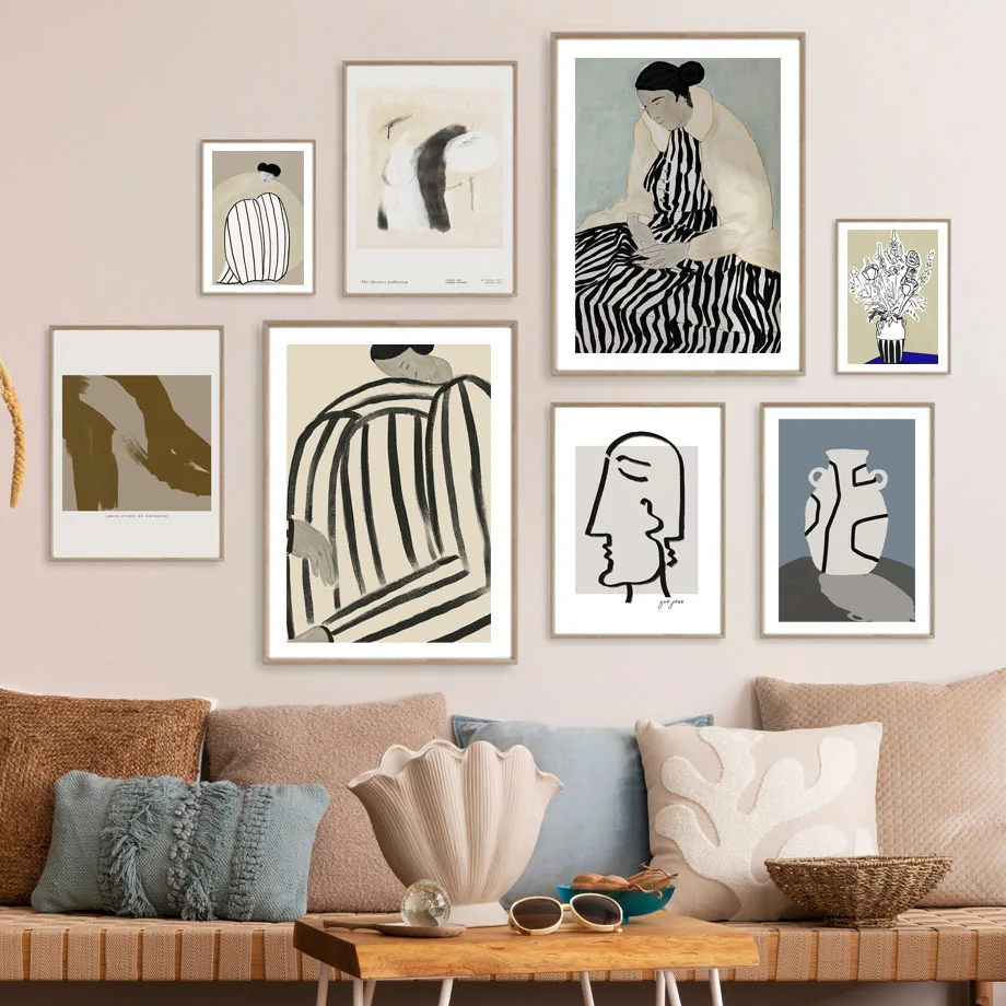 

Abstract Vintage PostersCanvas Painting Curved Striped Line Women Geometric Vase Wall Art Print Wall Picture Living Room Decor