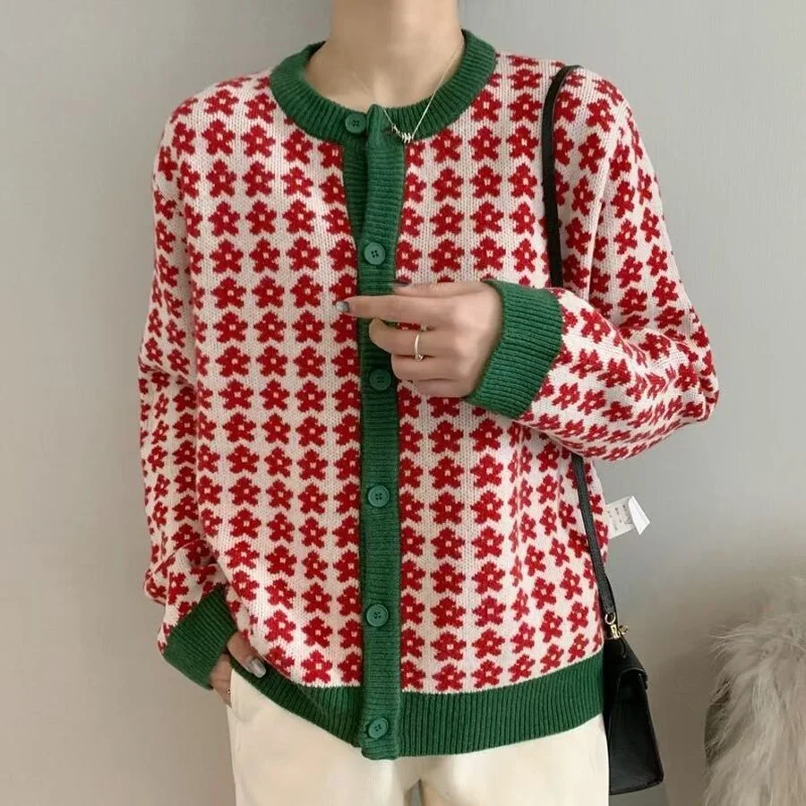 

2021 Autumn Winter New Knitted Cardigan Women Sweater Jacket Elegant Fashion Color Matching Jacquard Loose Korean Style Knitwear