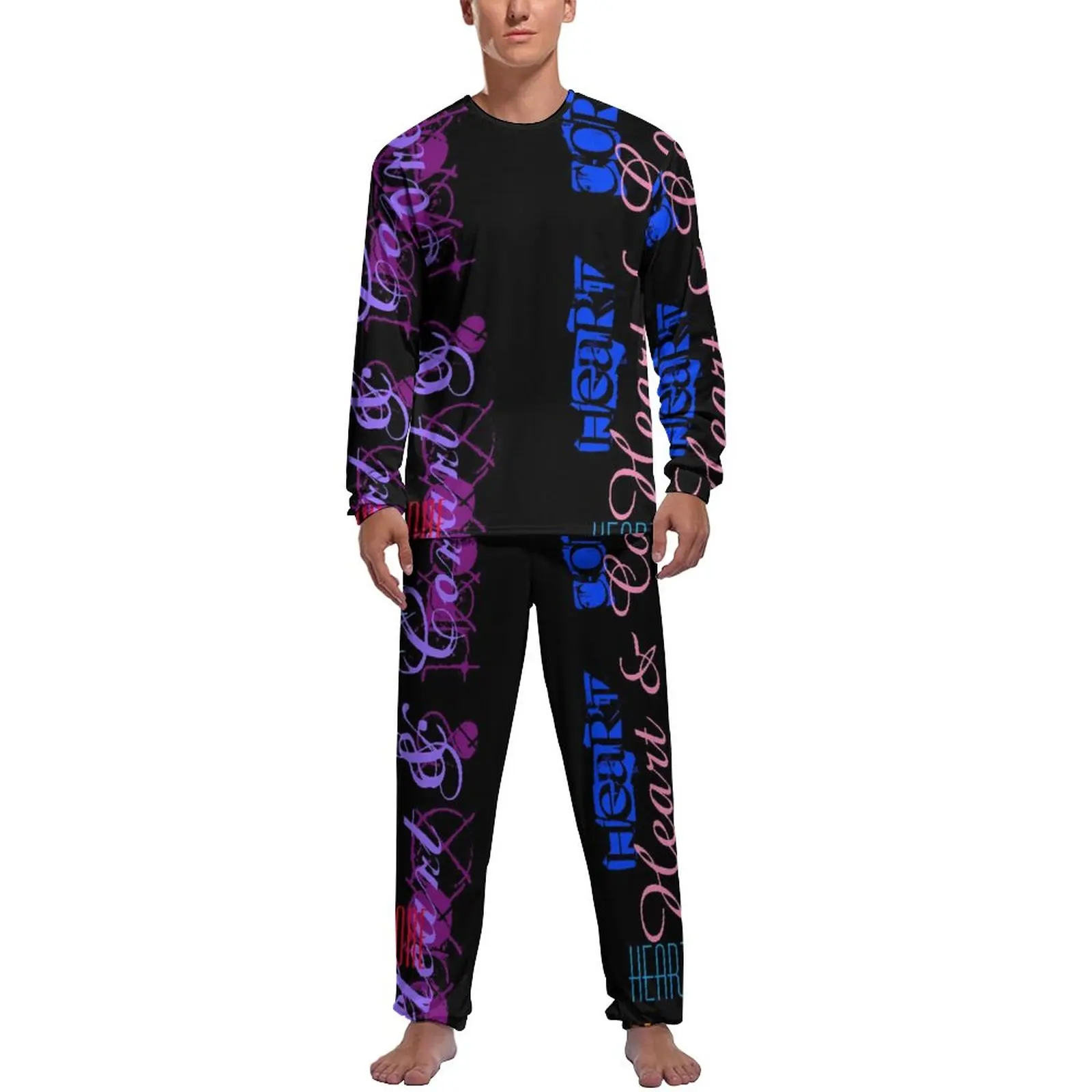 Abstract Letter Print Pajamas Daily Heart and Core Casual Sleepwear Man 2 Pieces Graphic Long Sleeves Cute Pajama Sets