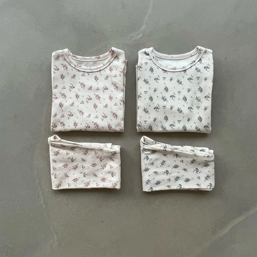 

2022 Autumn Boy Children Flower Print Pajamas Girl Baby Soft Long Sleeve Tops + Pants 2pcs Sleepwear Suit Kid Cotton Pyjamas Set