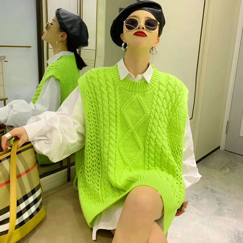 Sonbahar kış Neon yeşil örme kazak yelek kadın gevşek Trend kolsuz katı renk dış kore yelek üstleri kazak