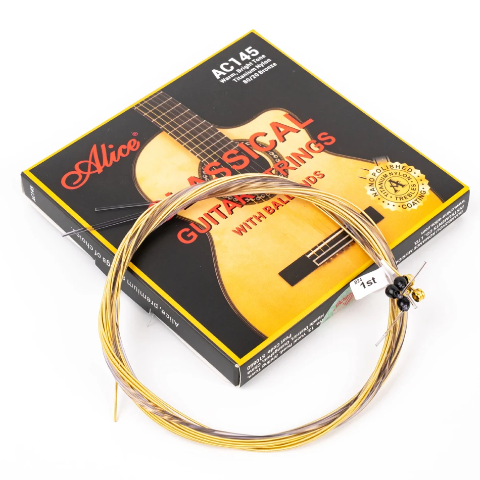 Фото Набор струн для классической гитары Alice AC145 Ball End, титан-нейлон, 80/20 бронза, нанополированное покрытие, нормальное натяжение 028-044 №4