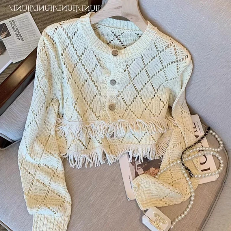 

Crewneck Cutout Fringe Single-Breasted Autumn Comfortable Long Sleeves Fashion Knit Beautiful Diamond Plaid Cardigan Sweater