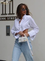 clacive sexy lapel white fashion woman blouses 2022 summer bodycon long sleeve crop shirt streetwear chic tops female clothes